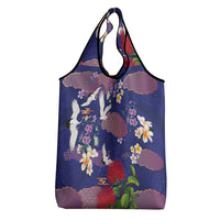 Hawaiian and Japanese Culture Together Grocery Bag Blue Ohia Lehua Plumeria and Sakura Blooming LT03 - Polynesian Pride