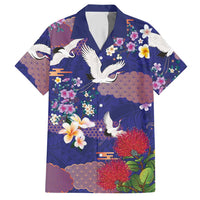 Hawaiian and Japanese Culture Together Hawaiian Shirt Blue Ohia Lehua Plumeria and Sakura Blooming LT03 Blue - Polynesian Pride