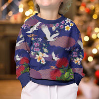 Hawaiian and Japanese Culture Together Kid Ugly Christmas Sweater Blue Ohia Lehua Plumeria and Sakura Blooming LT03 - Polynesian Pride