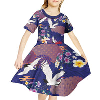 Hawaiian and Japanese Culture Together Kid Short Sleeve Dress Blue Ohia Lehua Plumeria and Sakura Blooming LT03 - Polynesian Pride
