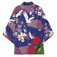 Hawaiian and Japanese Culture Together Kimono Blue Ohia Lehua Plumeria and Sakura Blooming LT03 - Polynesian Pride