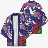 Hawaiian and Japanese Culture Together Kimono Blue Ohia Lehua Plumeria and Sakura Blooming LT03 - Polynesian Pride