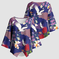 Hawaiian and Japanese Culture Together Kimono Sleeve Blouse Blue Ohia Lehua Plumeria and Sakura Blooming LT03 - Polynesian Pride