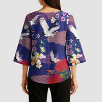 Hawaiian and Japanese Culture Together Kimono Sleeve Blouse Blue Ohia Lehua Plumeria and Sakura Blooming LT03 - Polynesian Pride