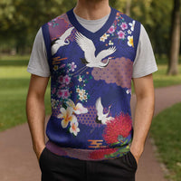 Hawaiian and Japanese Culture Together Christmas Knitted V-Neck Vest Blue Ohia Lehua Plumeria and Sakura Blooming LT03 - Polynesian Pride