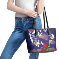 Hawaiian and Japanese Culture Together Leather Tote Bag Blue Ohia Lehua Plumeria and Sakura Blooming LT03 - Polynesian Pride
