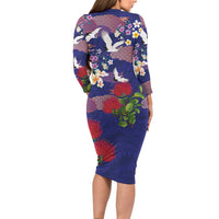 Hawaiian and Japanese Culture Together Long Sleeve Bodycon Dress Blue Ohia Lehua Plumeria and Sakura Blooming LT03 - Polynesian Pride