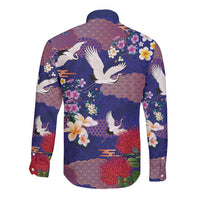 Hawaiian and Japanese Culture Together Long Sleeve Button Shirt Blue Ohia Lehua Plumeria and Sakura Blooming LT03 - Polynesian Pride