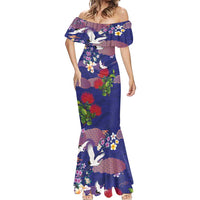 Hawaiian and Japanese Culture Together Mermaid Dress Blue Ohia Lehua Plumeria and Sakura Blooming LT03 - Polynesian Pride