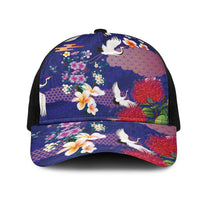 Hawaiian and Japanese Culture Together Mesh Trucker Cap Blue Ohia Lehua Plumeria and Sakura Blooming - Polynesian Pride