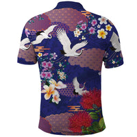 Hawaiian and Japanese Culture Together Polo Shirt Blue Ohia Lehua Plumeria and Sakura Blooming LT03 - Polynesian Pride