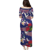 Hawaiian and Japanese Culture Together Puletasi Blue Ohia Lehua Plumeria and Sakura Blooming LT03 - Polynesian Pride