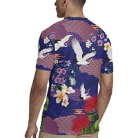 Hawaiian and Japanese Culture Together Rugby Jersey Blue Ohia Lehua Plumeria and Sakura Blooming LT03 - Polynesian Pride