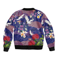 Hawaiian and Japanese Culture Together Sleeve Zip Bomber Jacket Blue Ohia Lehua Plumeria and Sakura Blooming LT03 - Polynesian Pride