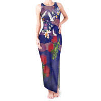 Hawaiian and Japanese Culture Together Tank Maxi Dress Blue Ohia Lehua Plumeria and Sakura Blooming LT03 Women Blue - Polynesian Pride