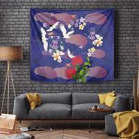Hawaiian and Japanese Culture Together Tapestry Blue Ohia Lehua Plumeria and Sakura Blooming LT03 Blue - Polynesian Pride