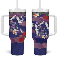 Hawaiian and Japanese Culture Together Tumbler With Handle Blue Ohia Lehua Plumeria and Sakura Blooming LT03 One Size: 40 oz Blue - Polynesian Pride