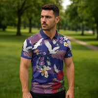 Hawaiian and Japanese Culture Together Zipper Polo Shirt Blue Ohia Lehua Plumeria and Sakura Blooming LT03 - Polynesian Pride