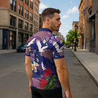 Hawaiian and Japanese Culture Together Zipper Polo Shirt Blue Ohia Lehua Plumeria and Sakura Blooming LT03 - Polynesian Pride