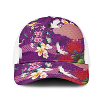Hawaiian and Japanese Culture Together Baseball Net Cap Purple Ohia Lehua Plumeria and Sakura Blooming LT03 One Size White Purple - Polynesian Pride