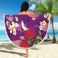 Hawaiian and Japanese Culture Together Beach Blanket Purple Ohia Lehua Plumeria and Sakura Blooming LT03 - Polynesian Pride