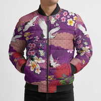 Hawaiian and Japanese Culture Together Bomber Puffer Jacket Purple Ohia Lehua Plumeria and Sakura Blooming LT03 - Polynesian Pride
