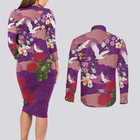 Hawaiian and Japanese Culture Together Couples Matching Long Sleeve Bodycon Dress and Long Sleeve Button Shirt Purple Ohia Lehua Plumeria and Sakura Blooming LT03 - Polynesian Pride