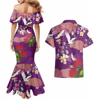Hawaiian and Japanese Culture Together Couples Matching Mermaid Dress and Hawaiian Shirt Purple Ohia Lehua Plumeria and Sakura Blooming LT03 - Polynesian Pride