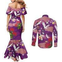 Hawaiian and Japanese Culture Together Couples Matching Mermaid Dress and Long Sleeve Button Shirt Purple Ohia Lehua Plumeria and Sakura Blooming LT03 - Polynesian Pride