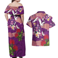 Hawaiian and Japanese Culture Together Couples Matching Off Shoulder Maxi Dress and Hawaiian Shirt Purple Ohia Lehua Plumeria and Sakura Blooming LT03 - Polynesian Pride