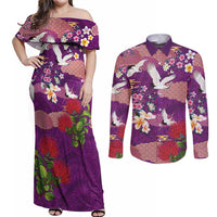 Hawaiian and Japanese Culture Together Couples Matching Off Shoulder Maxi Dress and Long Sleeve Button Shirt Purple Ohia Lehua Plumeria and Sakura Blooming LT03 Purple - Polynesian Pride