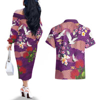 Hawaiian and Japanese Culture Together Couples Matching Off The Shoulder Long Sleeve Dress and Hawaiian Shirt Purple Ohia Lehua Plumeria and Sakura Blooming LT03 - Polynesian Pride