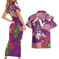 Hawaiian and Japanese Culture Together Couples Matching Short Sleeve Bodycon Dress and Hawaiian Shirt Purple Ohia Lehua Plumeria and Sakura Blooming LT03 - Polynesian Pride