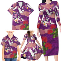 Hawaiian and Japanese Culture Together Family Matching Long Sleeve Bodycon Dress and Hawaiian Shirt Purple Ohia Lehua Plumeria and Sakura Blooming LT03 - Polynesian Pride