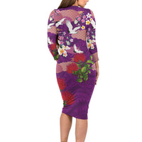 Hawaiian and Japanese Culture Together Family Matching Long Sleeve Bodycon Dress and Hawaiian Shirt Purple Ohia Lehua Plumeria and Sakura Blooming LT03 - Polynesian Pride