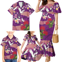 Hawaiian and Japanese Culture Together Family Matching Mermaid Dress and Hawaiian Shirt Purple Ohia Lehua Plumeria and Sakura Blooming LT03 - Polynesian Pride