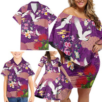 Hawaiian and Japanese Culture Together Family Matching Off Shoulder Short Dress and Hawaiian Shirt Purple Ohia Lehua Plumeria and Sakura Blooming LT03 - Polynesian Pride