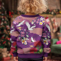 Hawaiian and Japanese Culture Together Kid Ugly Christmas Sweater Purple Ohia Lehua Plumeria and Sakura Blooming LT03 - Polynesian Pride