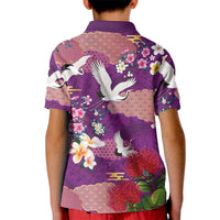 Hawaiian and Japanese Culture Together Kid Polo Shirt Purple Ohia Lehua Plumeria and Sakura Blooming LT03 - Polynesian Pride
