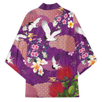 Hawaiian and Japanese Culture Together Kimono Purple Ohia Lehua Plumeria and Sakura Blooming LT03 - Polynesian Pride