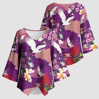 Hawaiian and Japanese Culture Together Kimono Sleeve Blouse Purple Ohia Lehua Plumeria and Sakura Blooming LT03 - Polynesian Pride