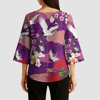 Hawaiian and Japanese Culture Together Kimono Sleeve Blouse Purple Ohia Lehua Plumeria and Sakura Blooming LT03 - Polynesian Pride