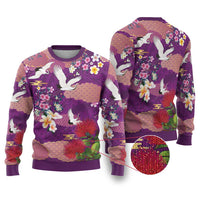 Hawaiian and Japanese Culture Together Ugly Christmas Sweater Purple Ohia Lehua Plumeria and Sakura Blooming LT03 Purple - Polynesian Pride