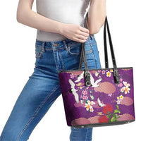 Hawaiian and Japanese Culture Together Leather Tote Bag Purple Ohia Lehua Plumeria and Sakura Blooming LT03 - Polynesian Pride