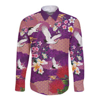 Hawaiian and Japanese Culture Together Long Sleeve Button Shirt Purple Ohia Lehua Plumeria and Sakura Blooming LT03 Unisex Purple - Polynesian Pride