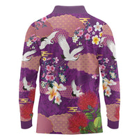Hawaiian and Japanese Culture Together Long Sleeve Polo Shirt Purple Ohia Lehua Plumeria and Sakura Blooming - Polynesian Pride