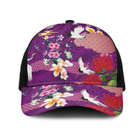 Hawaiian and Japanese Culture Together Mesh Trucker Cap Purple Ohia Lehua Plumeria and Sakura Blooming LT03 One Size Black Purple - Polynesian Pride