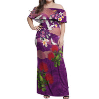 Hawaiian and Japanese Culture Together Off Shoulder Maxi Dress Purple Ohia Lehua Plumeria and Sakura Blooming LT03 Women Purple - Polynesian Pride