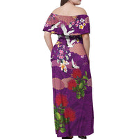 Hawaiian and Japanese Culture Together Off Shoulder Maxi Dress Purple Ohia Lehua Plumeria and Sakura Blooming LT03 - Polynesian Pride