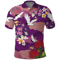 Hawaiian and Japanese Culture Together Polo Shirt Purple Ohia Lehua Plumeria and Sakura Blooming LT03 Purple - Polynesian Pride